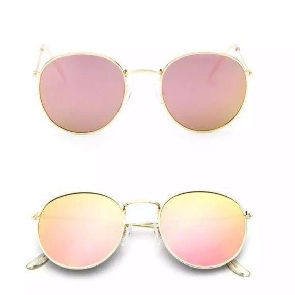 Round Rose Gold Pink Sunglasses Wire Frame Mirror - Picture 2 of 2